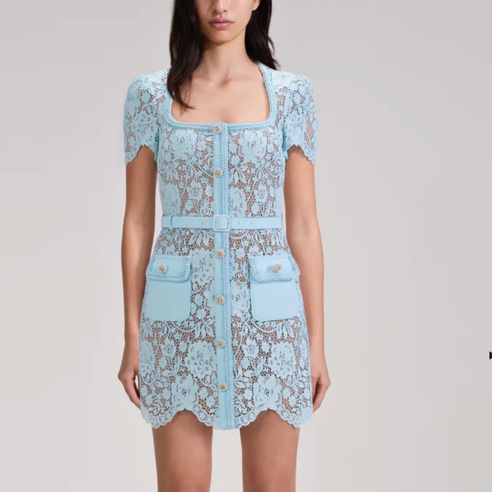 - SELF PORTRAIT Pale Blue Lace Mini Dress
